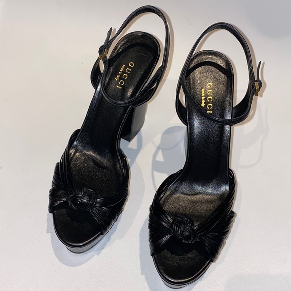 Gucci Italy  platform black leather sandals pumps heel buckle classic footwear - Picture 2 of 8